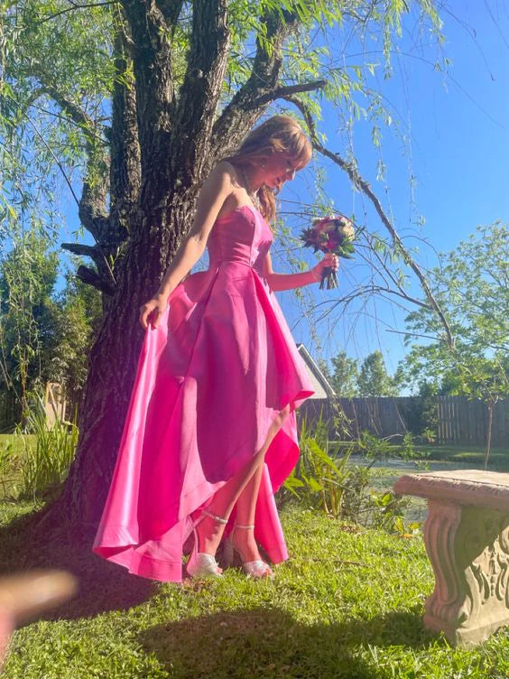 Robes de soirée Weitese, robe de soirée rose bustier en satin asymétrique, robes de bal, robes de soirée pour femmes